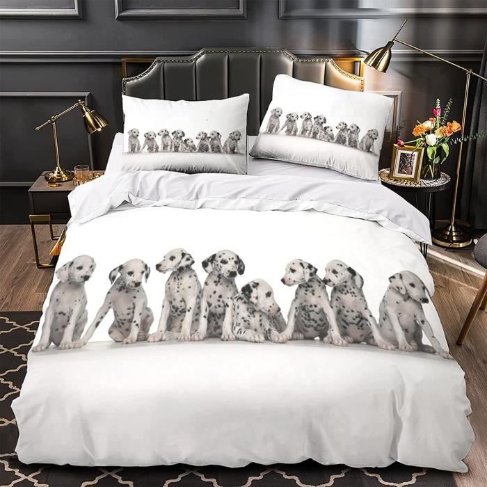 Housse De Couette 1 Personne 140x200 Cm Motif Dalmatien - Parure De Lit 3 Pièces Microfibre Réversible Avec 2 Taies