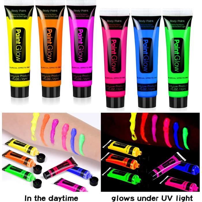 UV Glow Blacklight Face and Body Paint, Neon Fluorescent, 0.34 fl oz, 6  Tubes 