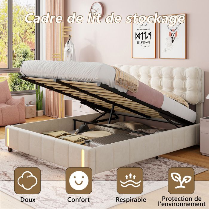 Lit Coffre 140x190 avec LED Cadre de Lit avec Rangement Spacieux & Sommier à Lattes Beige Velours Lit Capitonné pour Adultes et Ados | Leroy Merlin Lit Coffre 140x190 avec LED Cadre de Lit avec Rangement Spacieux & Sommier à Lattes Beige Velours Lit Capitonné pour Adultes et Ados | Leroy Merlin
