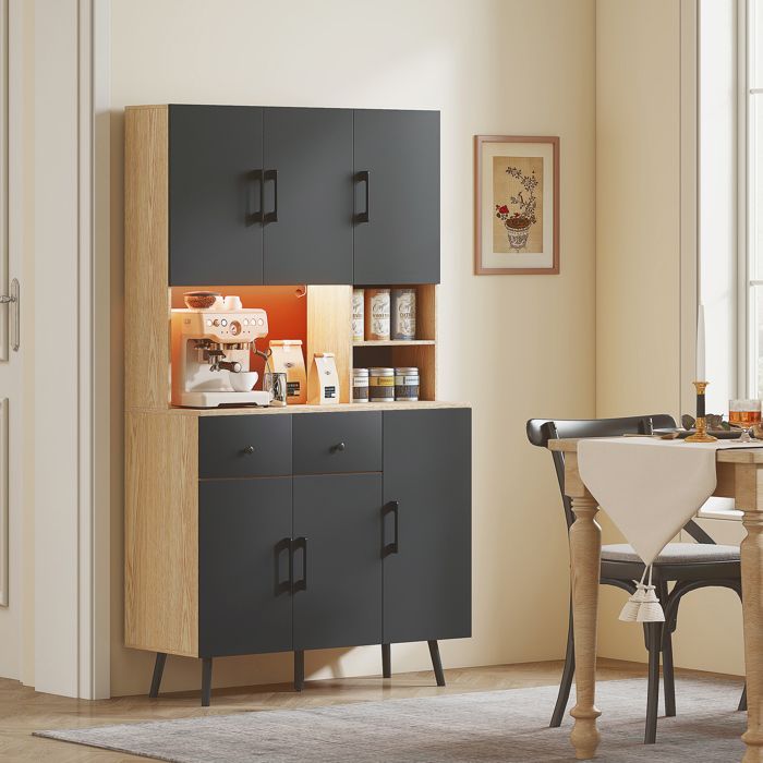 Armoire Cuisine 100x47x187 Cm Avec LED - 4 Portes, MDF, Verre - Rangement Modulable, Tablette Centrale