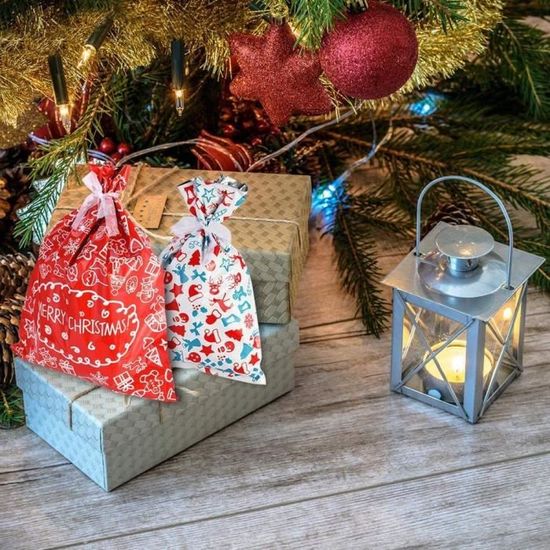 30PCS Sacs Cadeaux De Noël, Sacs Cadeaux De Noël En Plastique Avec 30 Ruban D'emballage Pour Décoration Et Emballage Cadeau Noël - Maison