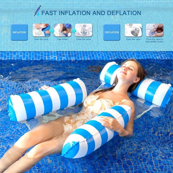 Bouée Piscine Hamac Gonflable – 3 Coussins + Siège Filet – 110 X 100 Cm – Charge Max 113 Kg – Pompe Manuelle Incluse – Idéal Piscine, Plage, Vacances
