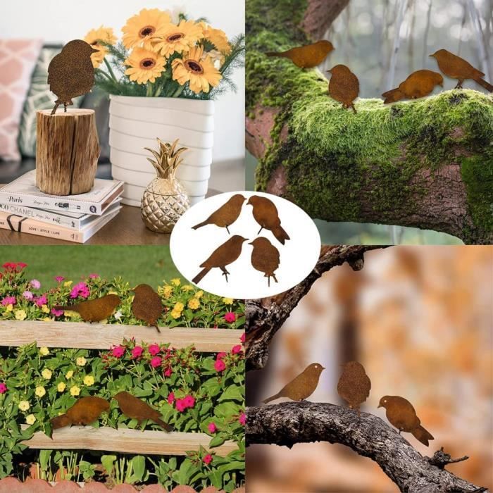 Bouchon de jardin ornemental de rouille, 4 oiseaux en métal avec vis,  oiseaux Décoration de silhouette de jardin, ornement de jardin en métal