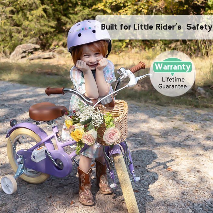ROMYIX Vélo Enfant 14 Pouces Fille 3-7 Ans - Vélo Violet Avec Roues Stabilisatrices Et Panier