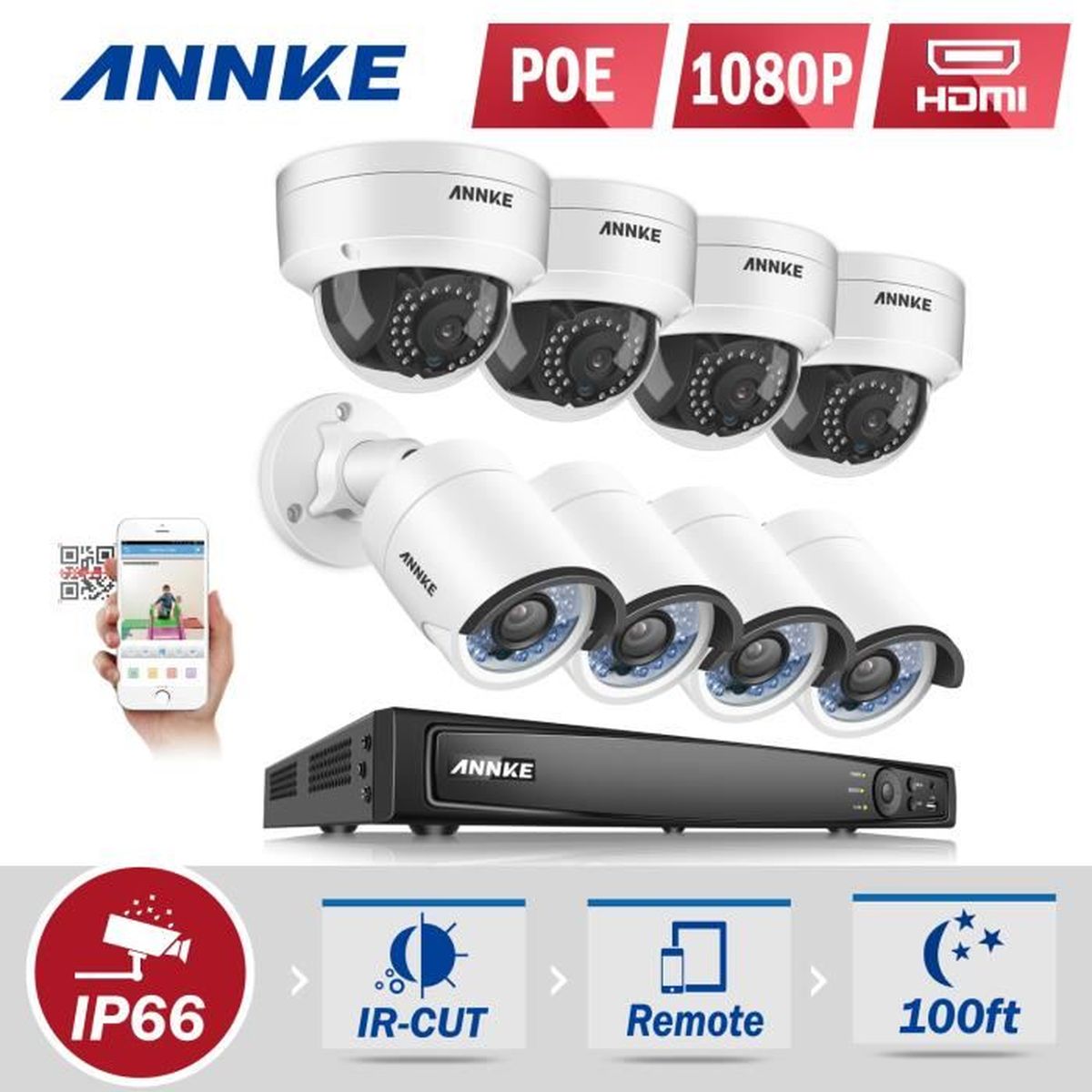 KIT camera de surveillance sans fil exterieur 8 CH AHD POE NVR 1080p