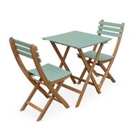 Table de jardin bistrot en bois 60x60cm - Barcelona Bois / Vert de gris -  pliante bicolore carrée en acacia avec 2 chaises pliables