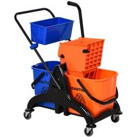 HOMCOM Chariot de lavage chariot de nettoyage professionnel presse à mâchoire 2 seaux + rangement orange bleu