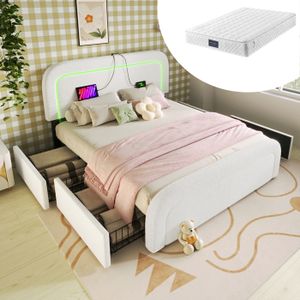 SOMMIER Cadre de lit avec fonction de chargement USB Type C,éclairage LED et 4 tiroirs,lit double,lit rembourré 140x200cm,blanc