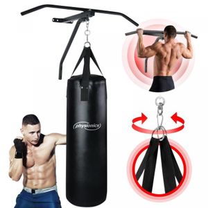 SAC DE FRAPPE Physionics® Sac de Frappe avec Barre de Traction - Sac 28x83cm, Barre en Acier - Pull Up Bar, Support pour Sac de Boxe