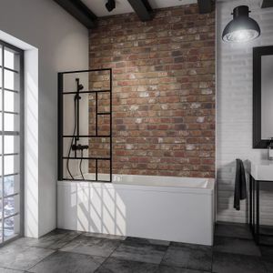 PORTE DE BAIGNOIRE Pare baignoire pivotant 80 x 140 cm, 1 volet pliant, verre décor Atelier,  verrière industrielle, profilé noir, Schulte