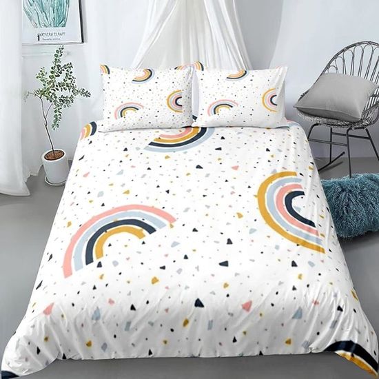 Parure De Lit Enfant 2 Pièces 120x150 Cm - Housse De Couette Et Taie 40x60 Cm En Microfibre - Motif Nuages Arc-en-ciel - Blanc