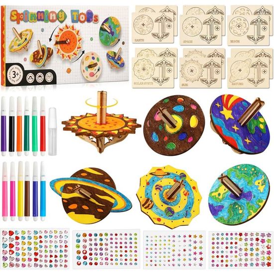Kit Toupies En Bois à Peindre – Système Solaire, 12 Toupies + 12 Crayons + Autocollants, DIY Créatif Cadeau Enfant 5-10 Ans, Activité Manuelle