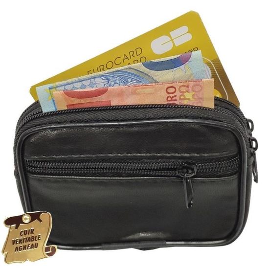 Porte-Monnaie Cuir LOLUNA Compact - 11x8x1,5cm - 2 Cartes, Fermeture Zip - Homme/Femme