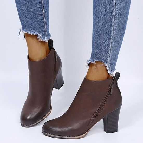 Bottines Femme Talons Épais Rétro - Respirantes Avec Fermeture Éclair