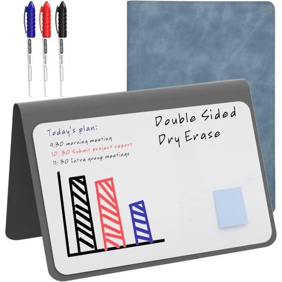 Mini Tableau Blanc Effaçable A5 – 24x17 Cm – Couverture PU, Stylos 3 Couleurs – Bureau Maison