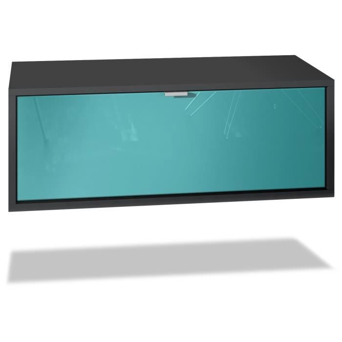Meuble TV Lana 80 armoire murale lowboard 80 x 29 x 37 cm, caisson en noir mat, façades en Turquoise haute brillance