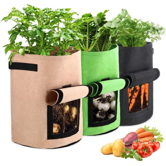 3PCS 10 Gallons Sacs de Plantation de Jardin, Double Couche Tissu Non-tissé Sac de Plantation de Pommes de Terre à Fenêtre.