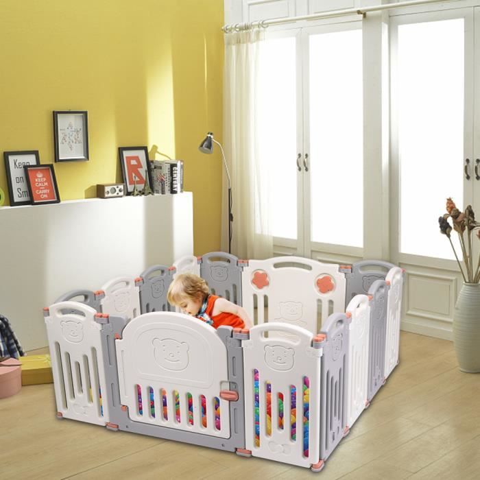 Parc Bébé en Plastique 16 Éléments avec Panneaux d’Activité et Porte Barrière Sécurité Pliable 165 x 135 x 58 cm Gris et Blanc