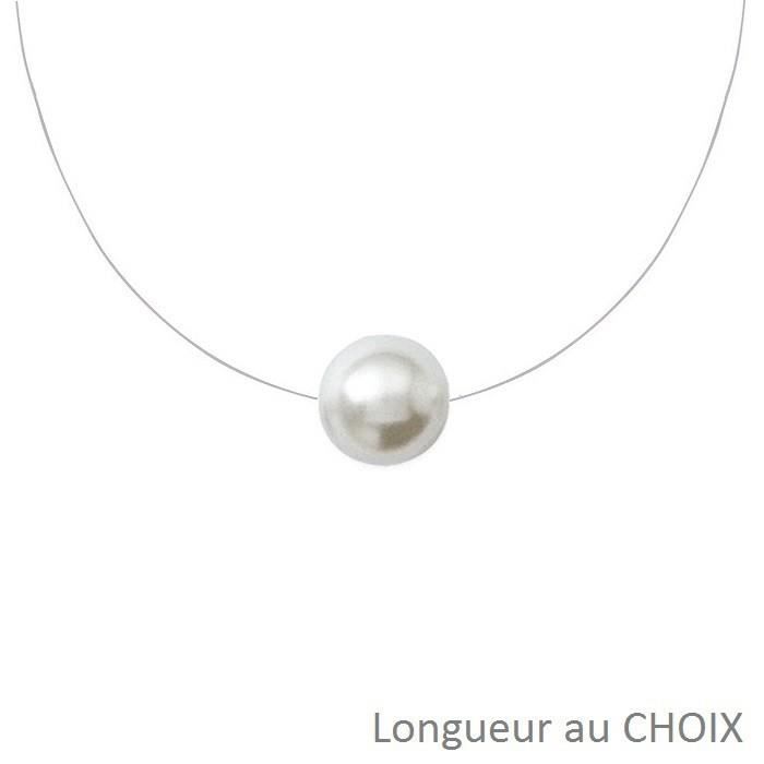 COLLIER nylon PERLE de CULTURE Nacré 10mm en ARGENT Ras de cou (50 cm)