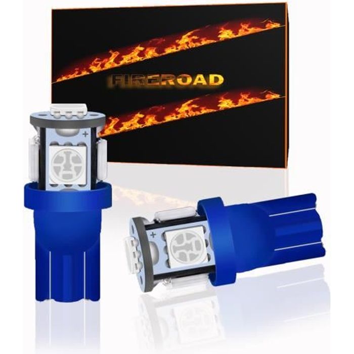 Ampoule LED T10 W5W voiture BLEU 2Pcs 6000K 5 SMD auto norme Française FIREROAD®