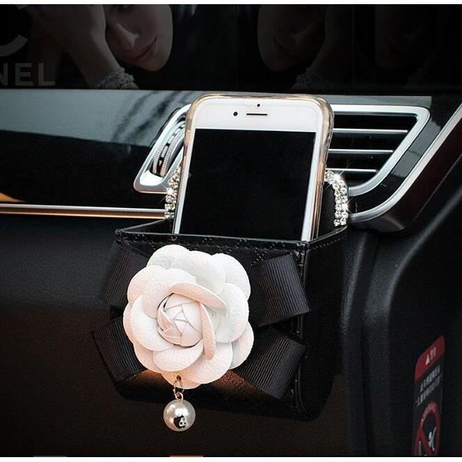 Housse de volant en cuir pour femme, accessoires d'intérieur de voiture, strass cristal, fleur camé 1pcs Storage bag