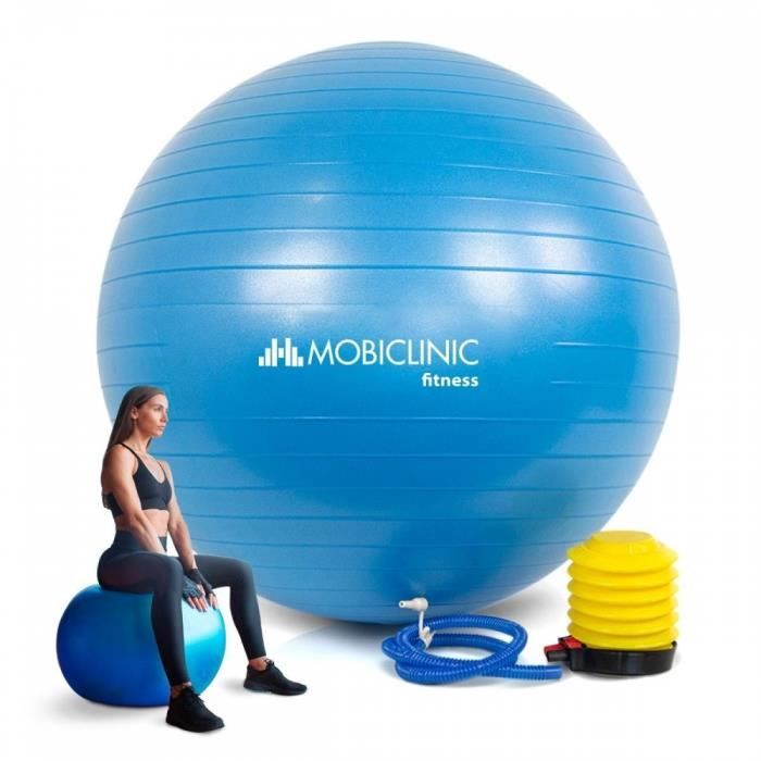Ballon de Pilates | Antidérapant | Anti-perforation | Gonfleur inclus | Lavable | 65 cm | Bleu | PY-01 |Mobiclinic