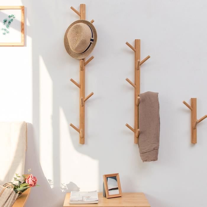 Porte Manteau Mural en Bois de Bambou Forme Arbre 11 Crochets 95x9.5x4cm