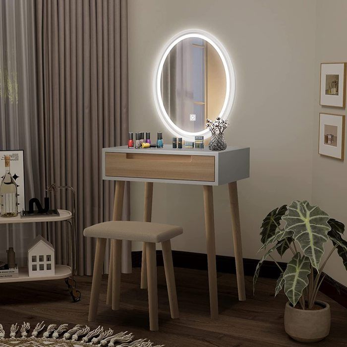 coiffeuse couleur bois - led lumière - miroir ovale - tabouret - tiroir coulissant - table de maquillage moderne