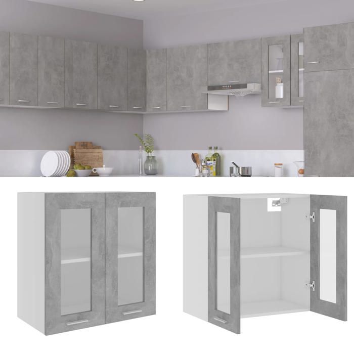 UNIQUE Armoire en verre suspendueCommode Meuble haut de cuisine Gris béton 60x31x60 cm Aggloméré 29630