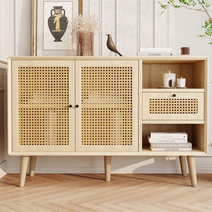 Buffet bas - Chêne - 120x40x80 cm - Pieds en bois massif - Poignées en métal noir - Étagère réglable