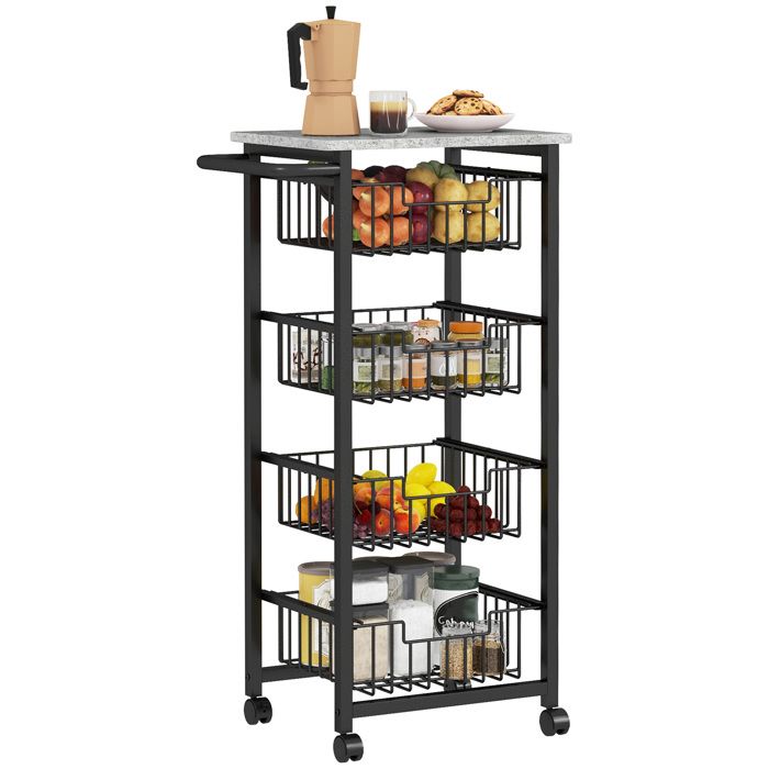 Desserte cuisine - HOMCOM - 4 niveaux - sur roulettes - avec plan de travail - cadre en acier - 495 x 31 x 91 cm - gris clair