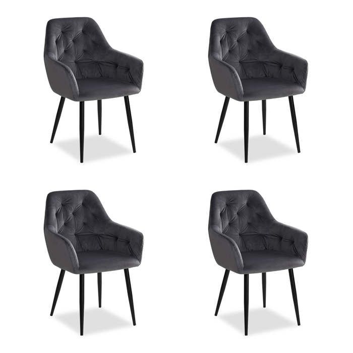 Lot de 4 chaises rembourrées en velours gris – Chaises de salle à manger avec accoudoirs et piètement en métal noir Lot de 4 chaises rembourrées en velours gris – Chaises de salle à manger avec accoudoirs et piètement en métal noir