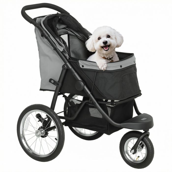Poussette pour chien - PawHut - pliable - panier de rangement coussin lavable roues en caoutchouc et auvent réglable - gris Poussette pour chien - PawHut - pliable - panier de rangement coussin lavable roues en caoutchouc et auvent réglable - gris