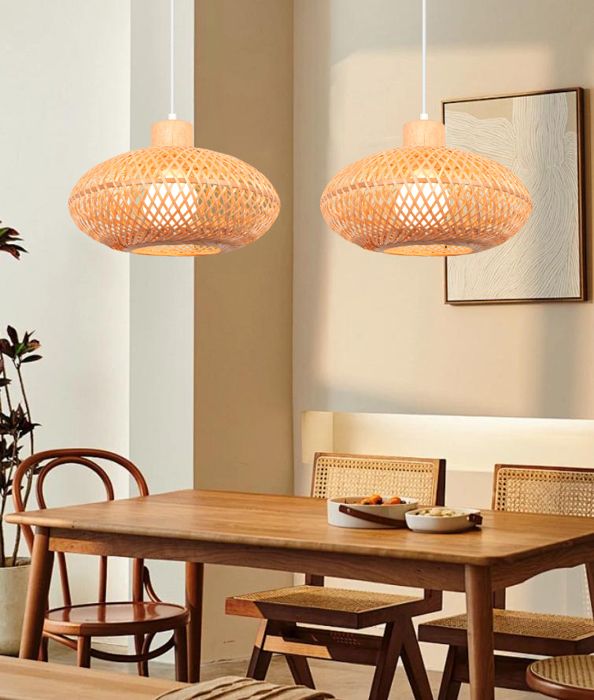 iDEGU 2pcs Rétro Lampe Suspension Industrielle Lustre Plafonnier en Bambou Design Cage Ovale Style Bohème pour Salon Chambre