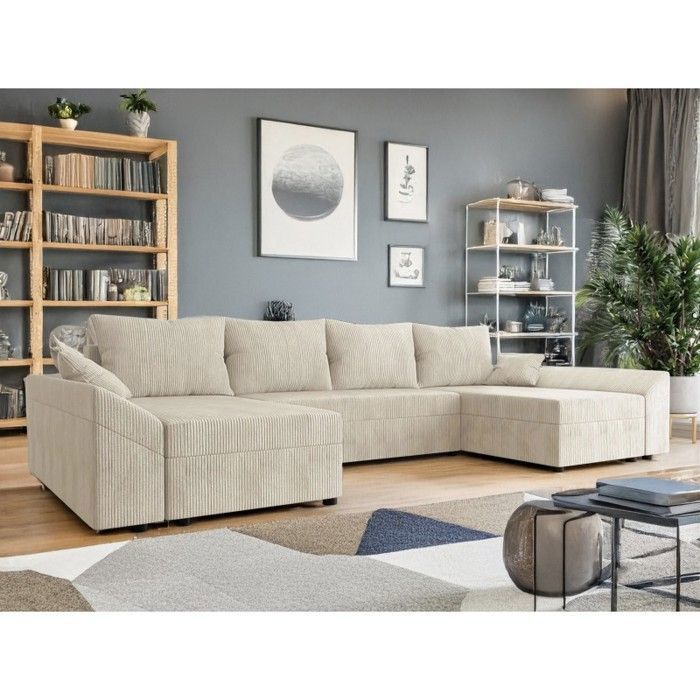 Canapé D'Angle Panoramique PIANI En U – Velours Côtelé Beige Ultra Confort, Convertible Avec Rangement, 312 Cm