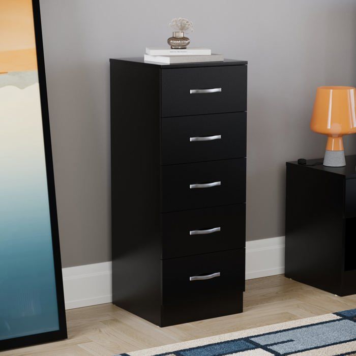 Commode étroite noire Riano avec 5 tiroirs poignées et glissières en métal – Meuble de chambre