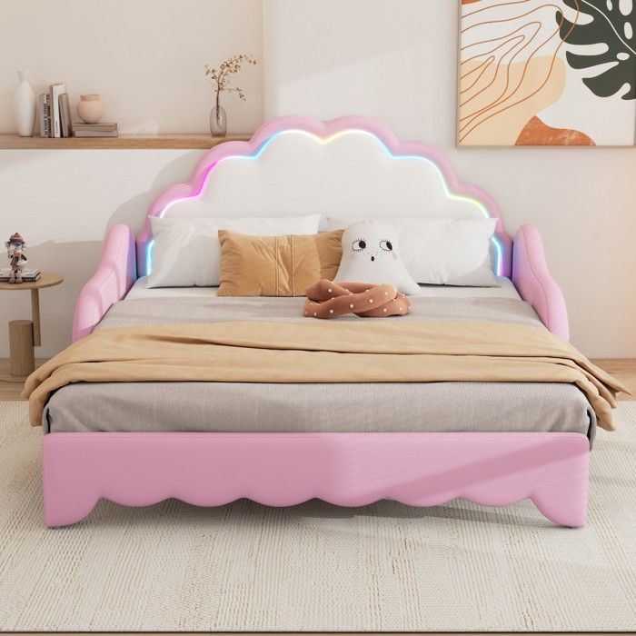 Lit Double Canapé Convertible 140x200cm avec LED - Canapé Méridienne Tête de Lit Rose - Confort et Design Moderne - sans Matelas