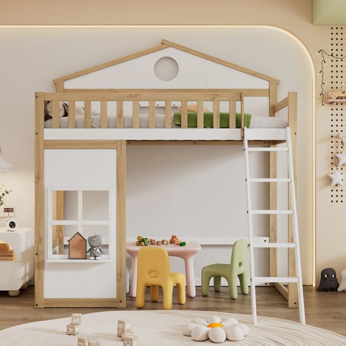 Lit Enfant 90x200 cm avec Escalier et BarrièRes Lit Cabane avec Toit et FenêTres Cadre en Pin Lit Mezzanine Blanc + Naturelle