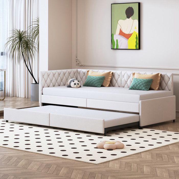 90x200 Canapé lit avec lit gigogne banquette lit avec parois latérales Lit tapissé avec sommier Lit de repos velours beige