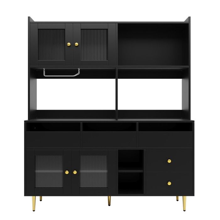 Buffet Cuisine Meuble haut salle à manger noir & doré 145x39x171cm portes verre perforé porte-verres rangement multi-niveaux Buffet Cuisine Meuble haut salle à manger noir & doré 145x39x171cm portes verre perforé porte-verres rangement multi-niveaux