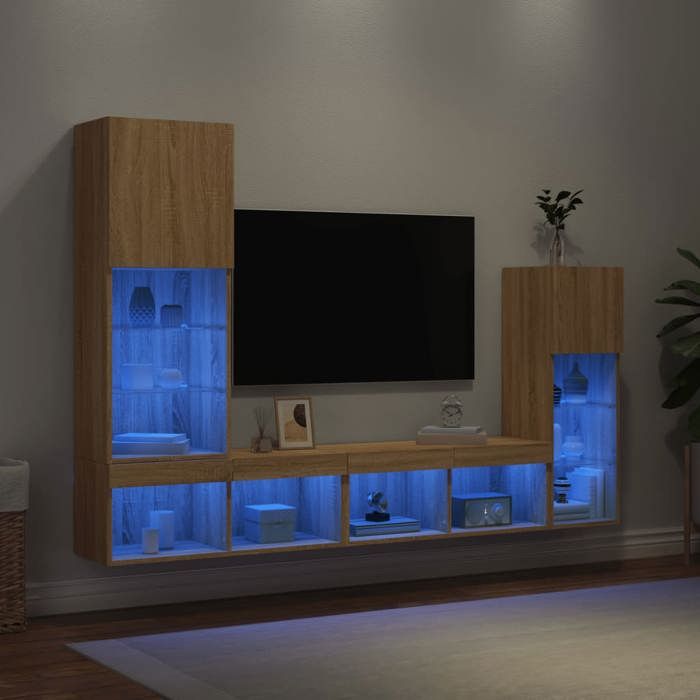 HSF®Unités murales TV - Meuble TV Suspendu - avec LED 4 pcs chêne sonoma - bois dingénierie kbq66194