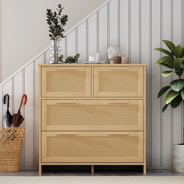 Buffet haut - SOGEU - Commode en rotin - 4 tiroirs - Bois massif - L80xH80xP38 cm