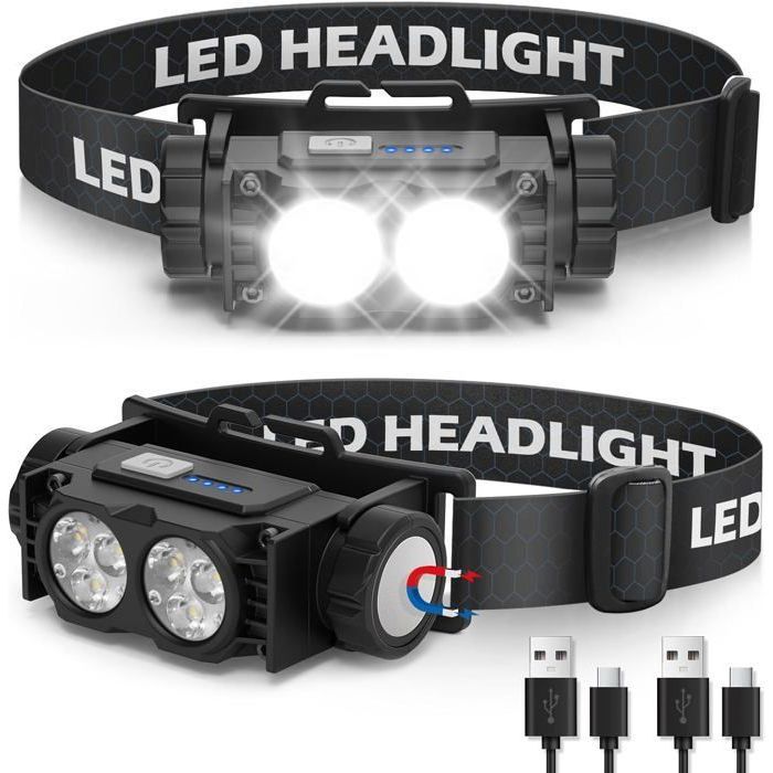 Lampe Frontale - LED Ultra Puissante - 2000 Lumens - USB - 3 Modes - IPX5