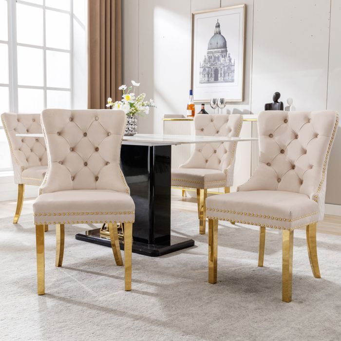 Lot de 4 Chaises de Salle à Manger revêtement en velours beige et doré pieds de soutien en acier inoxydable doré ornement à clous