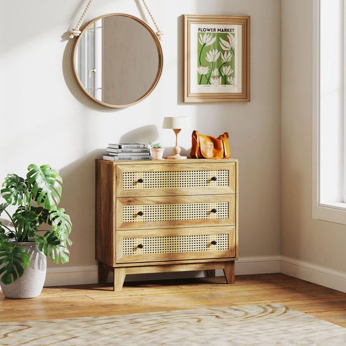 Commode 3 tiroirs meuble de rangement cannage en rotin aspect bois clair 80 x 35 x 76 cm