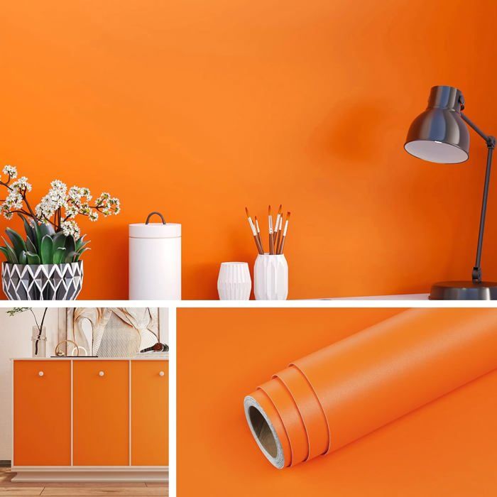 Papier Peint Adhesif Mural Orange Vintage 40CMx5M Lavable Vinyle Adhesif Orange Mat Papier Adhesif pour Meuble Cuisine Enfant