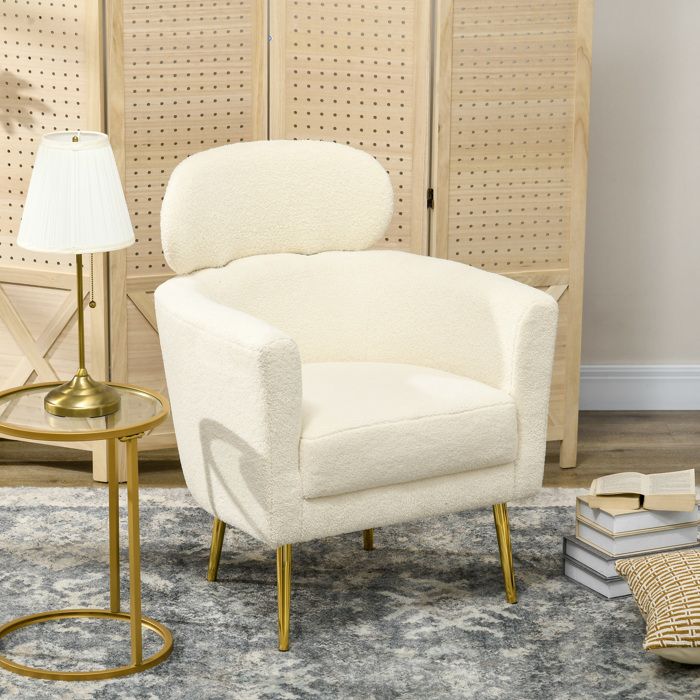 Fauteuil salon avec appuie-tête amovible fauteuil crapaud en peluche teddy pieds en métal 71 x 65 x 90 cm crème