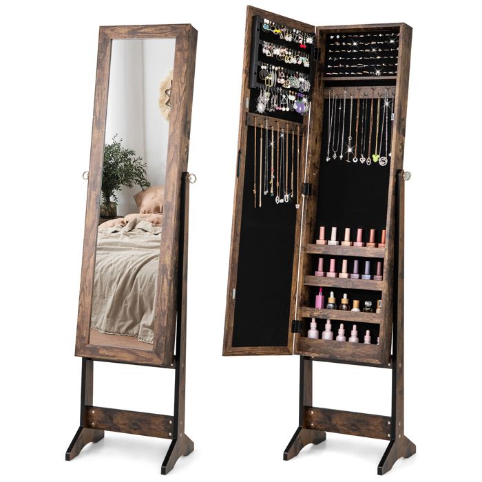 Armoire à Bijoux sur Pieds - RELAX4LIFE - Miroir Pleine Longueur HD - 3 Angles Réglables - Grand Espace de Rangement - Rustique