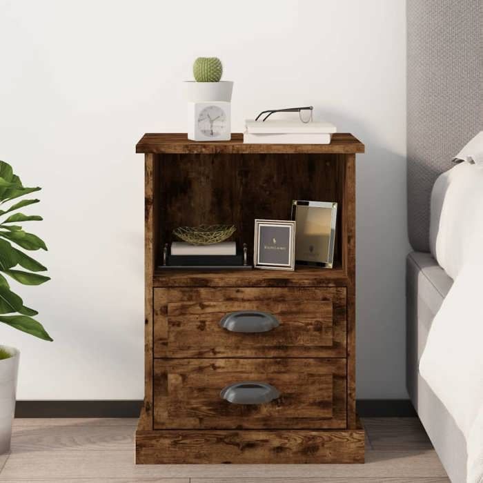 Table de chevet en chêne fumé - VIDAXL - 43x36x60 cm - Brun - 2 tiroirs - Compartiment ouvert - Bois dingénierie