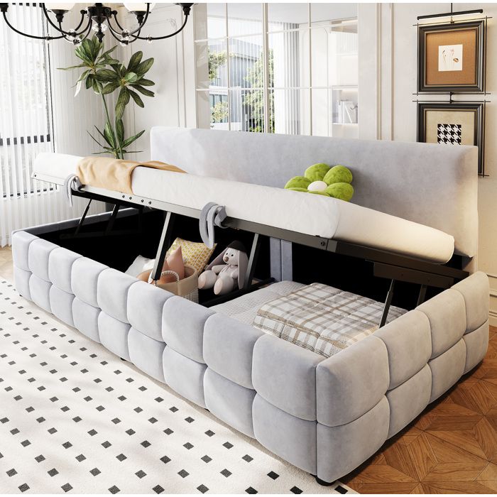 Lit banquette enfant coffre 90x200 cm avec rangement hydraulique dossier sans accoudoirs sommier à lattes velours gris clair